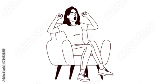 Woman yawning and stretching on armchair, seeking rest and relaxation