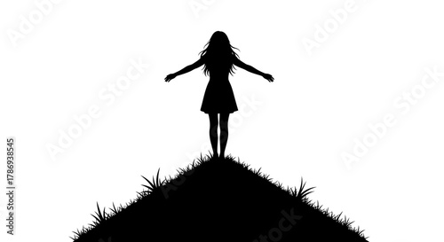 Woman's silhouette reaching for freedom on grassy hilltop against white