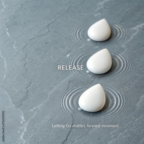 Three smooth white teardrops in water creating zen reflections