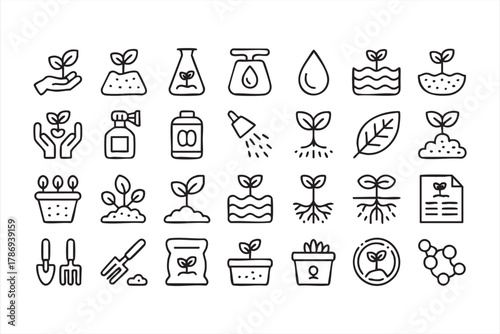 Organic farming and plant growth icons for nature and agriculture design