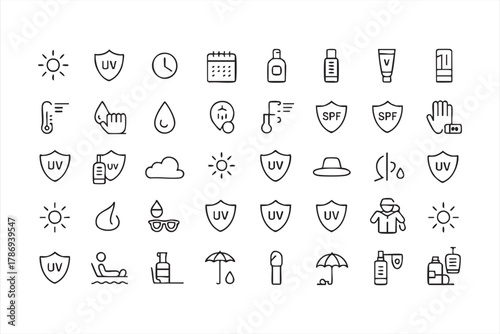 SPF and sunscreen line icon set for summer, health, and cosmetic projects