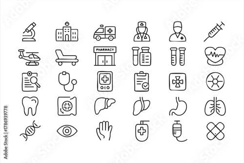 Doctor and hospital outline icon set for healthcare branding and apps