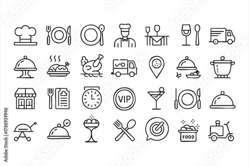 Restaurant and catering line icon collection for menu and branding design