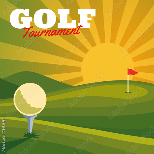 Golf course sunrise flat design for sports event poster. Golf ball on tee with sunrise background. Putting green with flag and sunrise landscape flat vector for tournament background