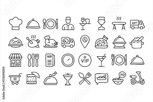 Chef, restaurant, and meal outline symbols for culinary design use