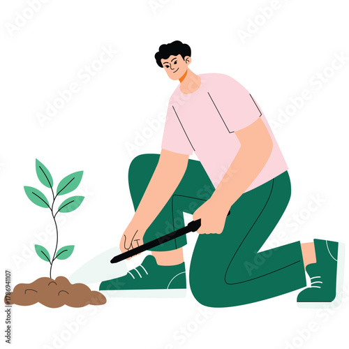 Sustainable Illustration. Vector illustration of Man kneeling to water a small seedling, symbolizing daily care for nature, gardening and reforestation efforts. Isolated on background