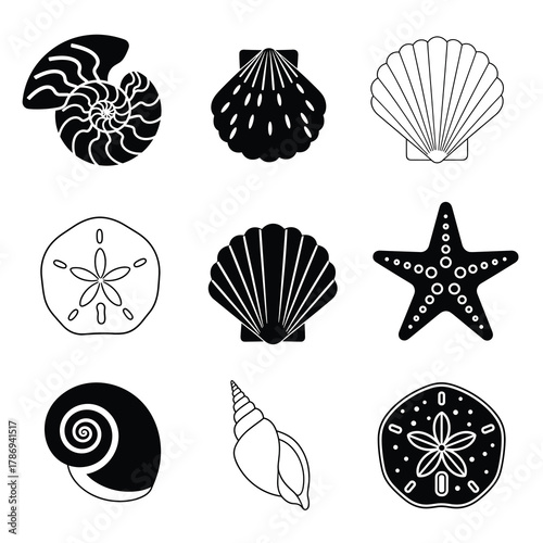 A diverse collection of black and white seashell and marine life icons