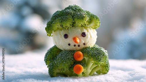 Cute broccoli snowman vegetable art, winter healthy eating fun