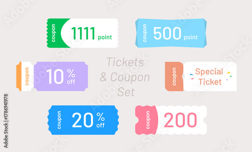 カラフルでシンプルな割引クーポン＆チケットセット - 様々な特典対応ベクター素材 割引券 装飾 イラスト