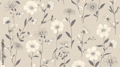 Elegant floral pattern featuring delicate white blossoms and slender stems against a soft beige background, perfect for adding a touch of nature to designs.