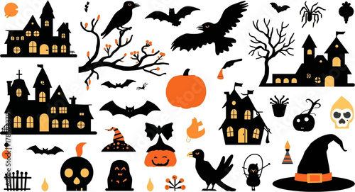 This Halloween-themed vector illustration features silhouettes of haunted houses, bats, pumpkins, crows, and other spooky elements on a white background.