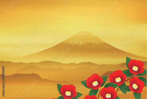 富士山　ツバキ　和柄　年賀状　背景	