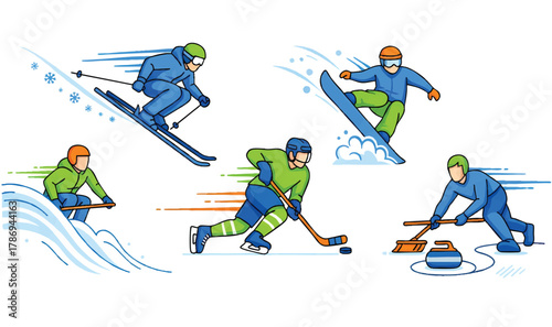 Winter Sports Vector Illustration Set with Skiing Hockey and Snowboarding Athletes