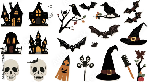 A spooky vector illustration featuring haunted houses, skulls, bats, crows, and witch hats, perfect for Halloween-themed designs and creative projects.