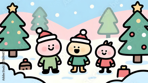 Cute Characters Celebrating Christmas in a Snowy Landscape
