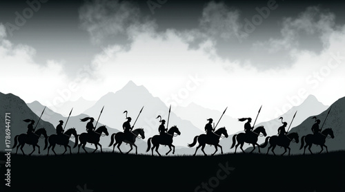 Silhouetted horsemen ride through misty mountains at dusk