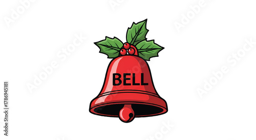Cartoon Christmas Bell Vector Illustration with Red Holly Berries