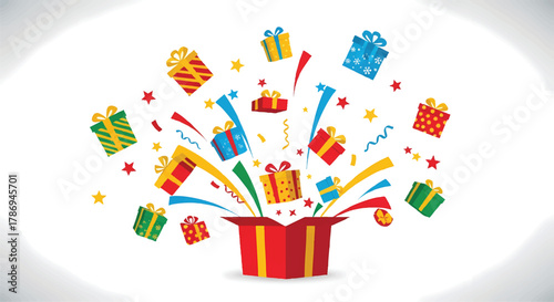Colorful Exploding Gift Box Vector Illustration with Festive Presents and Confetti