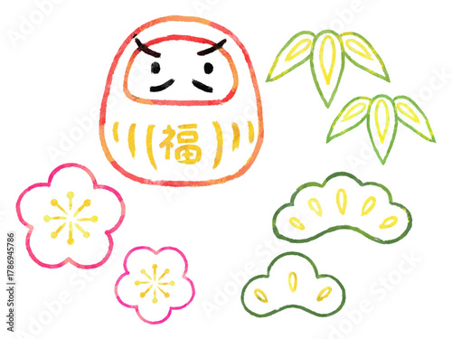 ダルマと松竹梅のセット　スタンプ風　イラスト