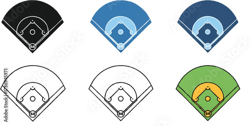 Baseball Field Icon Set Vector Collection with Color Outline and Silhouette Variations for Sports Design