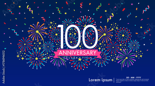 100th years anniversary celebration emblem. anniversary logo isolated with colorful stars and fireworks twinkle, sparkle and ribbon. vector illustration template design for web 