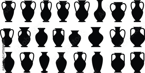Collection of ancient ceramic vase silhouettes with different shapes and handles, black vector illustration design for pottery, decoration, history, and art themes