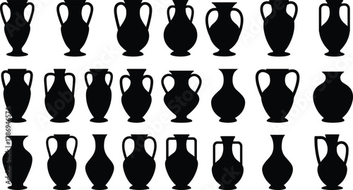 Collection of ancient vase silhouettes in various shapes and styles, black ceramic pottery vector illustration for decoration, museum, and antique design concepts