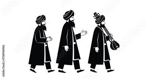 Illustrative Sikh men walking peacefully with instrument in black and white