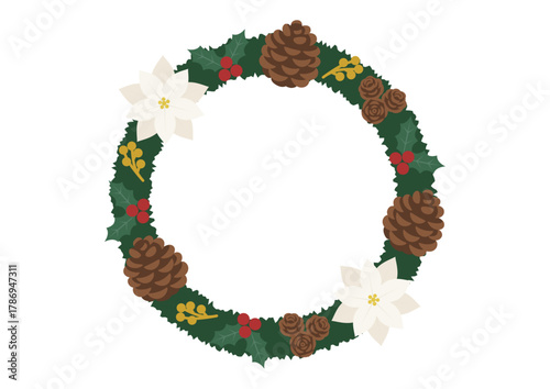 白いポインセチアがアクセントのリース/冬の植物で作られたナチュラルな飾り