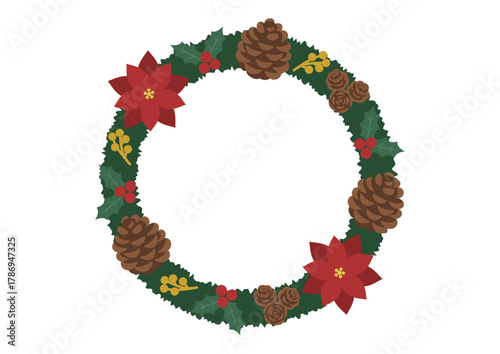 赤いポインセチアがアクセントのリース/植物で作られたナチュラルな飾り