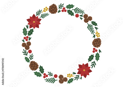 赤いポインセチアと木の実をあしらったフレーム風リース/植物で作られたナチュラルな飾り