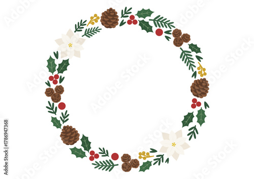 白いポインセチアと木の実をあしらったフレーム風リース/落ち着いた雰囲気のナチュラルデザイン