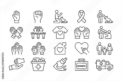 Volunteer and compassion icon set for charity and community care graphics