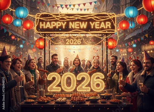 People Enjoying Local Street Food Under Festive Lights — Happy New Year 2026 Celebration