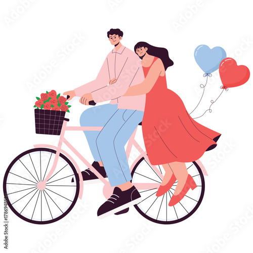 Valentine Illustration. Vector illustration of Smiling couple riding bicycle with flower basket and heart balloons, enjoying playful Valentine outing. Isolated on background