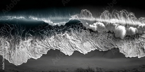 Top view of cascading transparent ocean waves washing the shore in layers, monochrome scene with pure black background, detailed rows of rippling water and immersive wave patterns