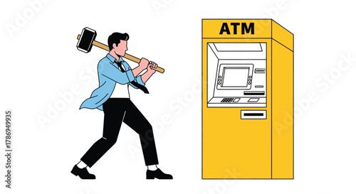 Frustrated man attacking ATM machine with hammer in financial crisis