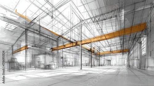 A sketch-style blueprint of an empty warehouse, with hand-drawn lines and annotations suggesting design possibilities
