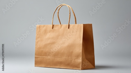 A single empty paper bag with sturdy handles, presented on a light grey backdrop with soft lighting