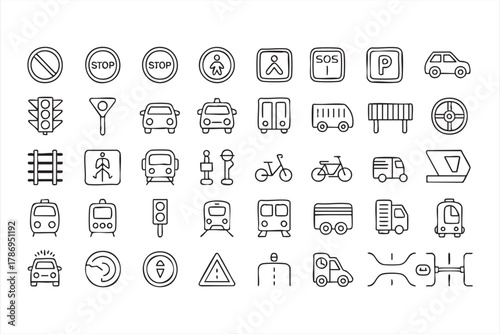 Black and white transportation and road icons set for driving and logistics design