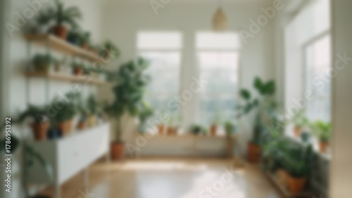 Blured background of bookshelf in living room with modern theme without any human, bright light.