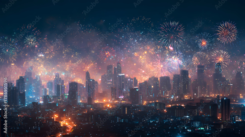 Obraz premium Spectacular Fireworks Display Over a Vibrant Night Cityscape