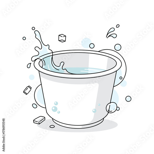 Illustration of a bucket with water splashing out, surrounded by bubbles and ice cubes.