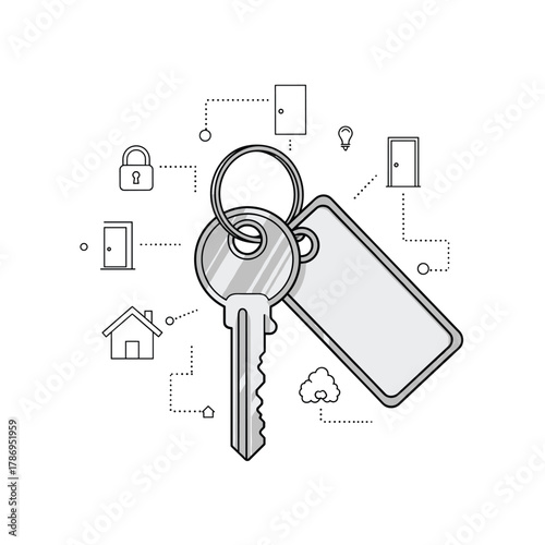 Keys and a tag connect to various smart home icons like doors, locks, and lights.