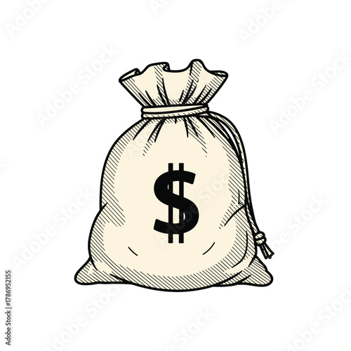 Drawing of a light brown money bag with a black dollar sign in the center and a drawstring at the top.