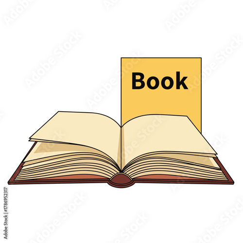 An open book with blank pages and a closed yellow book labeled 'Book' behind it, isolated on white.