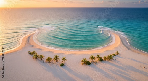 Fototapeta Naklejka Na Ścianę i Meble -  Stunning aerial view of vibrant turquoise ocean waves washing onto a perfect white sand beach dotted with palm trees during a magical tropical sunset escape