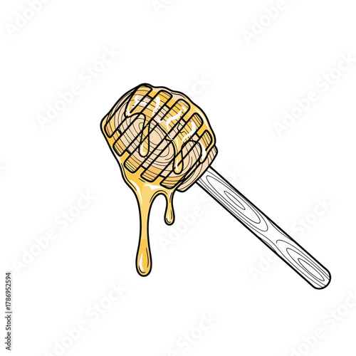 A wooden honey dipper covered in golden honey with drips falling.