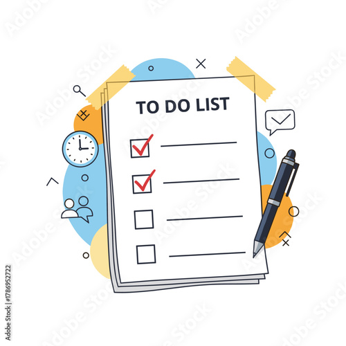 Flat illustration of a to-do list with completed tasks and a pen nearby on a white background.