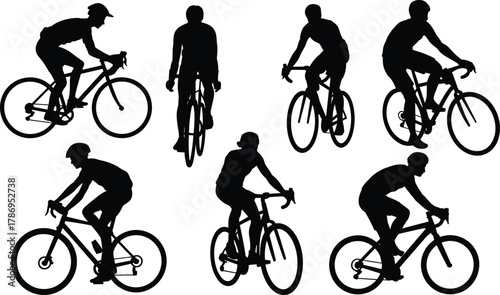 Silhouette cyclists in motion on road bikes, showcasing dynamic riding postures, speed, and athletic energy for sports and fitness themes.